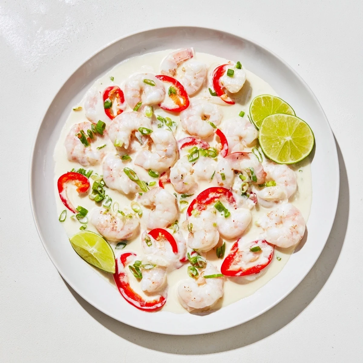 Tender shrimp in velvety coconut sauce fills a large platter, ready for a festive buffet line or family-style dinner.
