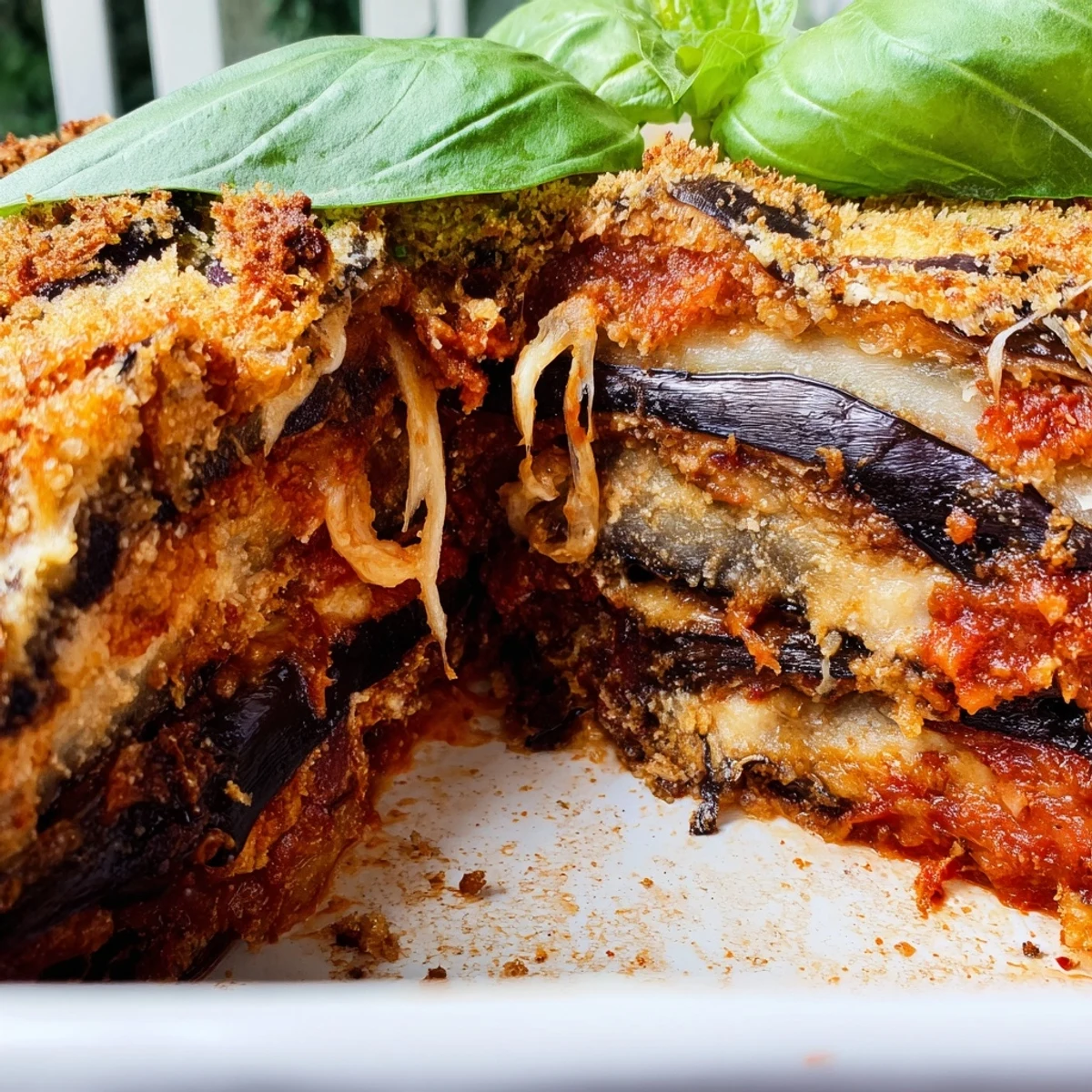 Golden bubbling Charred Aubergine Parmigiana fresh from the oven, featuring layers of smoky eggplant, rich tomato sauce, and melted mozzarella.