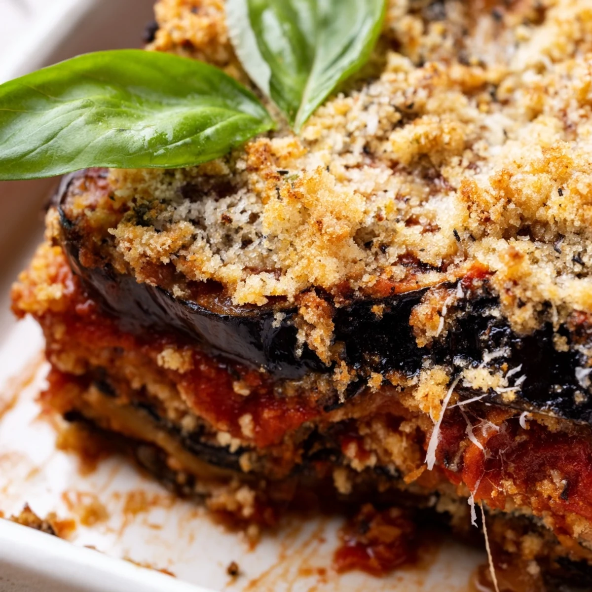 Bubbling golden layers of smoky Charred Aubergine Parmigiana, featuring tender grilled eggplant, rich tomato sauce, and melted mozzarella cheese on a plate.