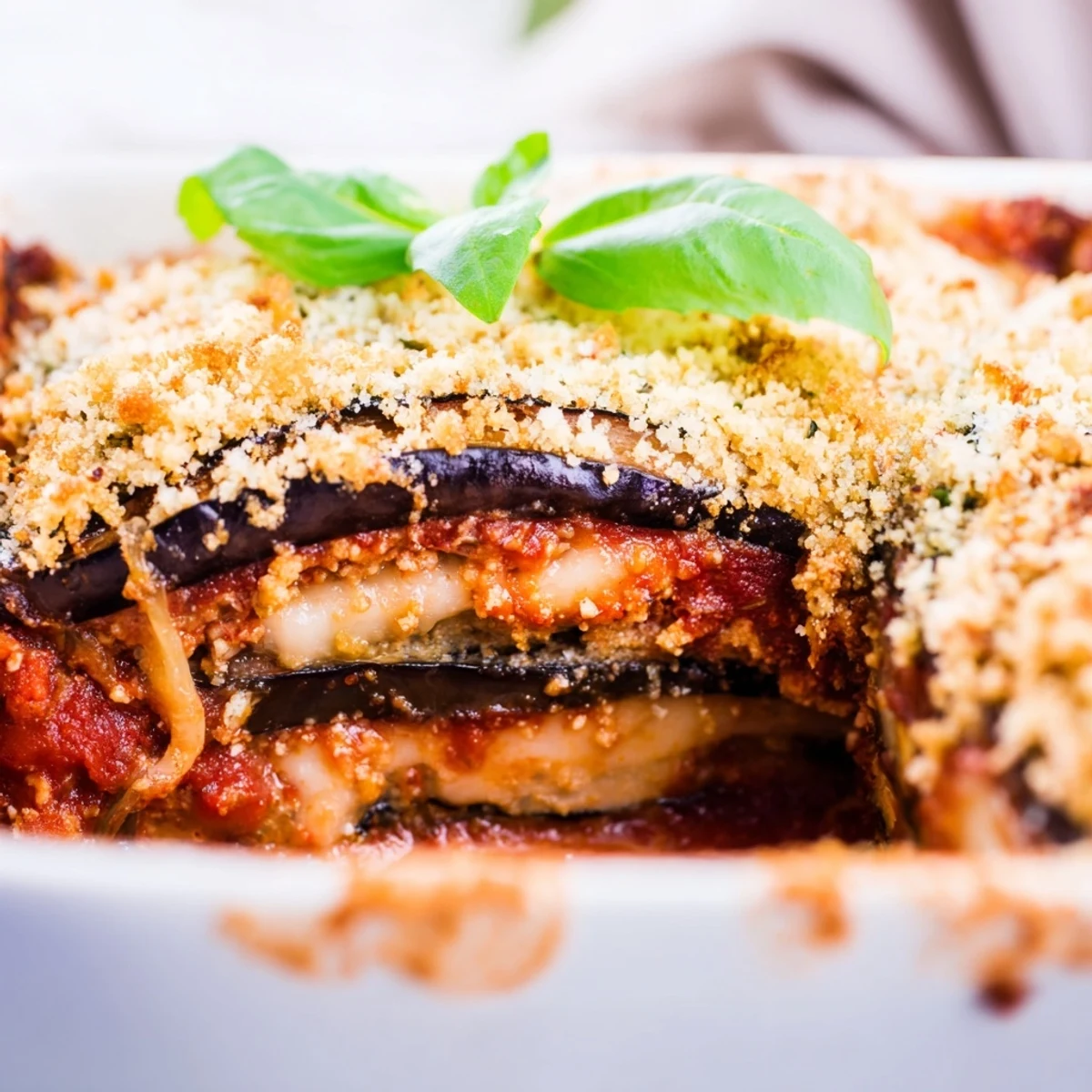 Close-up of Charred Aubergine Parmigiana with bubbling cheese and golden edges, served alongside a fresh green salad and rustic crusty bread.