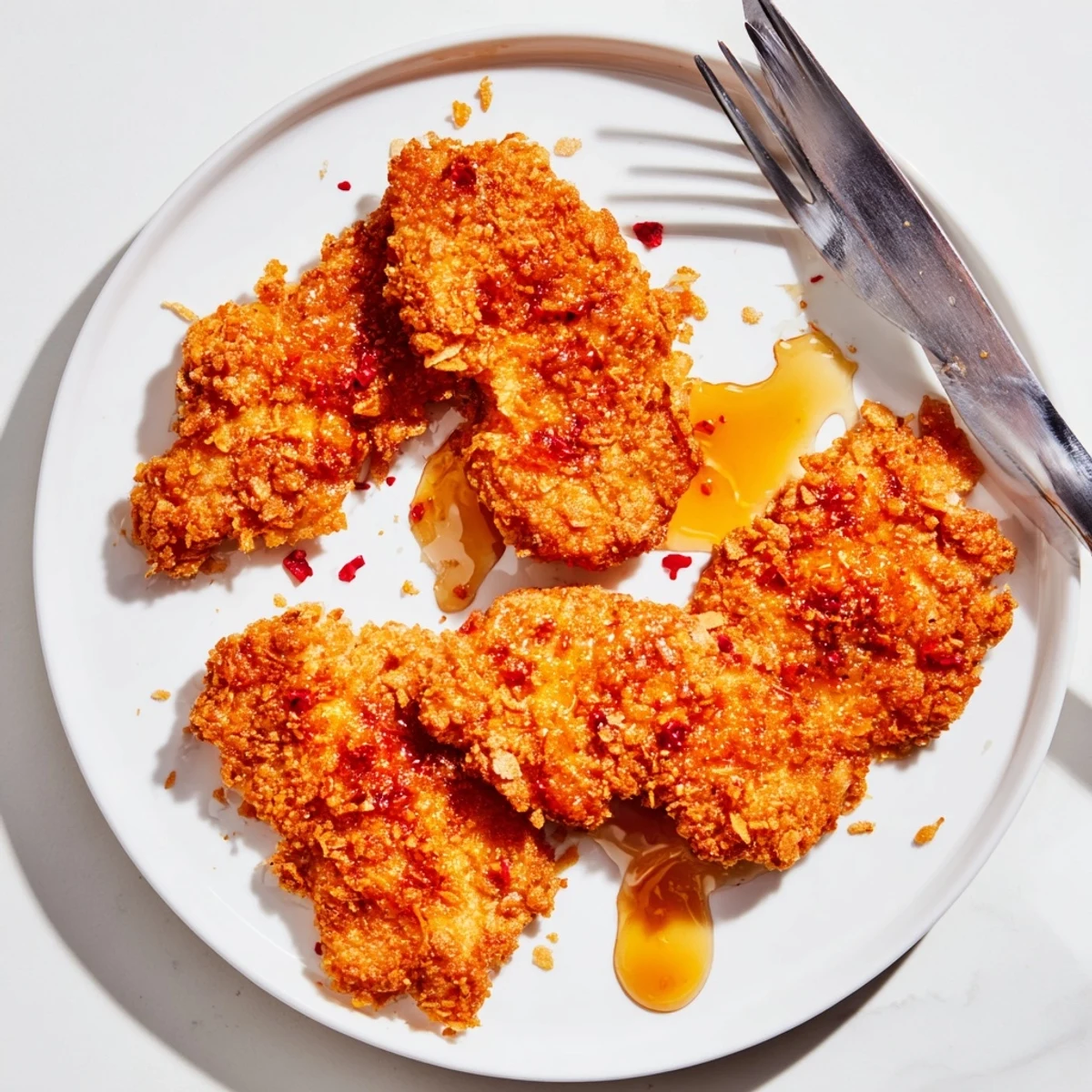 Golden-baked crunchy hot honey chicken with a sticky, sweet-spicy drizzle served over fluffy white rice with a side of crisp coleslaw.