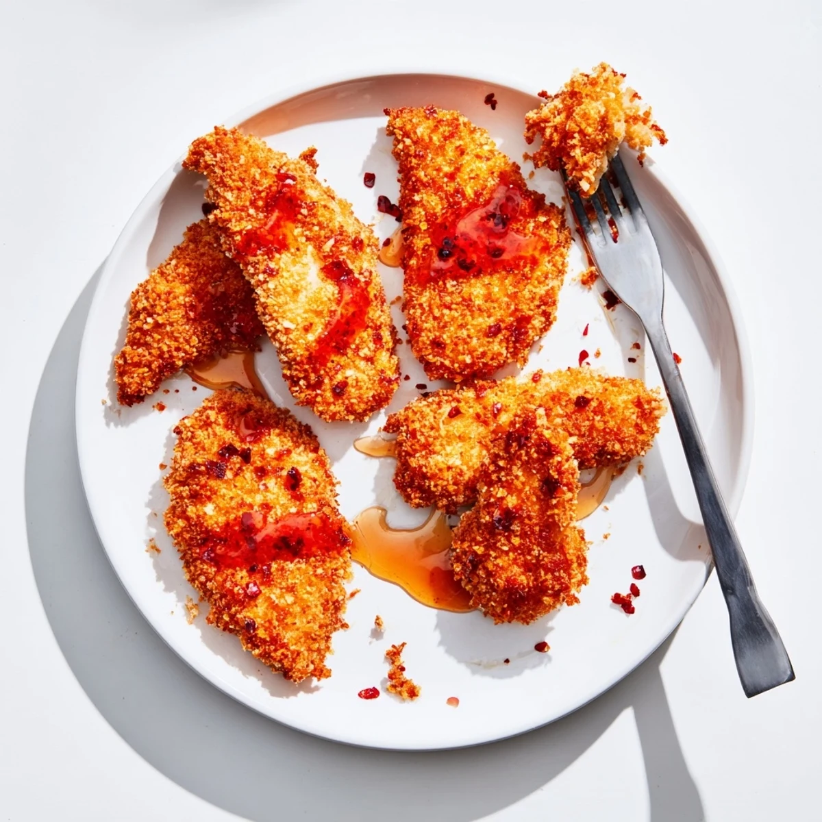 Juicy oven-roasted hot honey chicken with a golden crust and spicy honey glaze, plated alongside pickles and sweet potato fries for a classic American meal.
