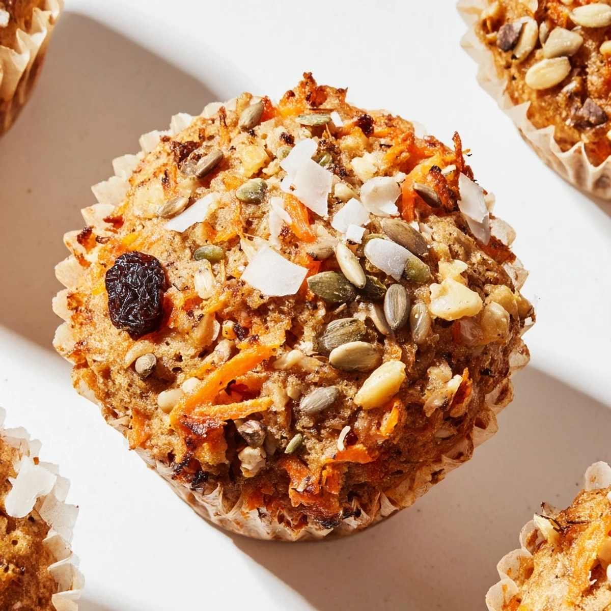 A close-up of Morning Glory Muffins showing moist texture, shredded carrots, and golden-brown crumb ready to eat.