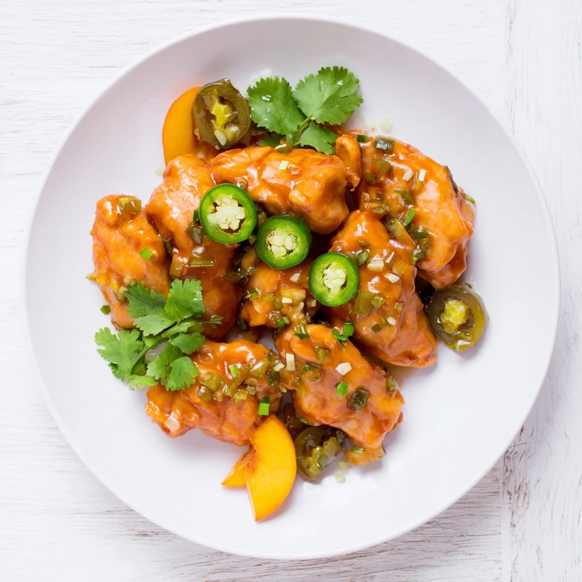 Juicy chicken breasts coated in a sweet and spicy jalapeño peach glaze, garnished with fresh cilantro.