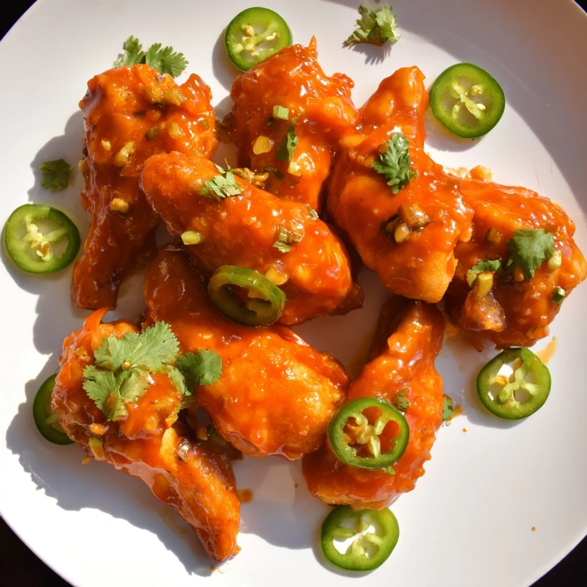 Oven-baked jalapeño peach glazed chicken resting in a skillet, finished with fresh herbs and peach slices.