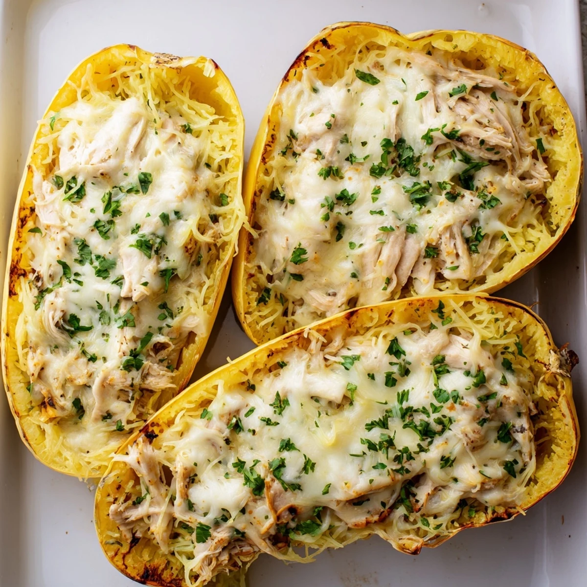 Golden roasted Chicken Alfredo Spaghetti Squash Boats topped with bubbly, melted cheese on a rustic wooden board.