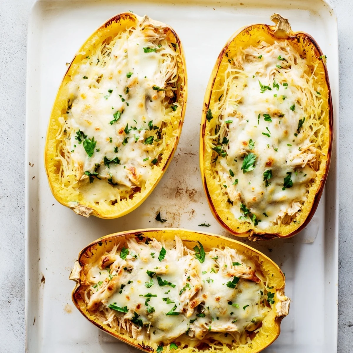 Serving suggestion of Chicken Alfredo Spaghetti Squash Boats with fresh parsley garnish on a white plate.