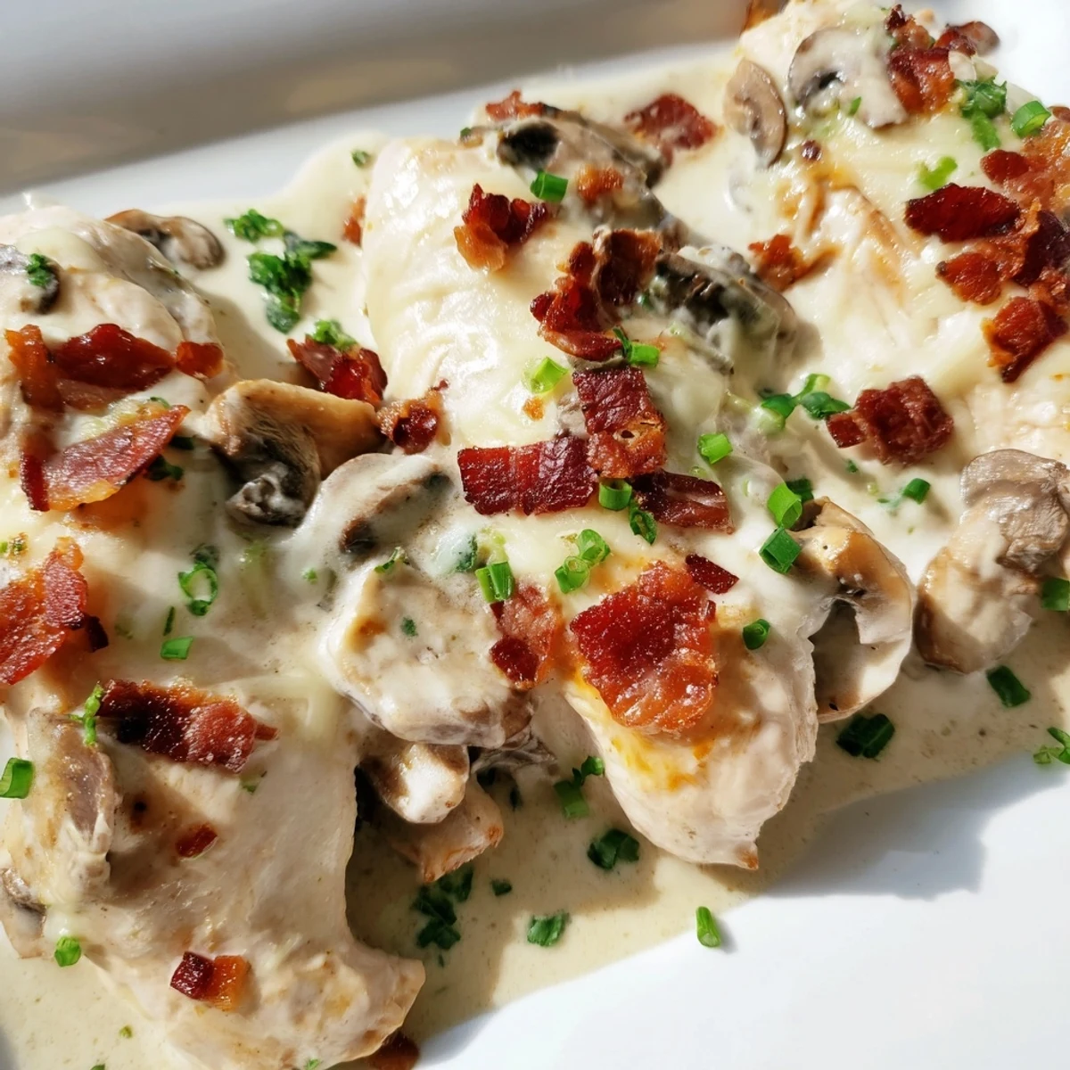 Golden-brown Mississippi Mud Chicken breasts in a creamy mushroom and bacon sauce, topped with melted cheddar and mozzarella, served in a rustic skillet for a hearty family dinner.