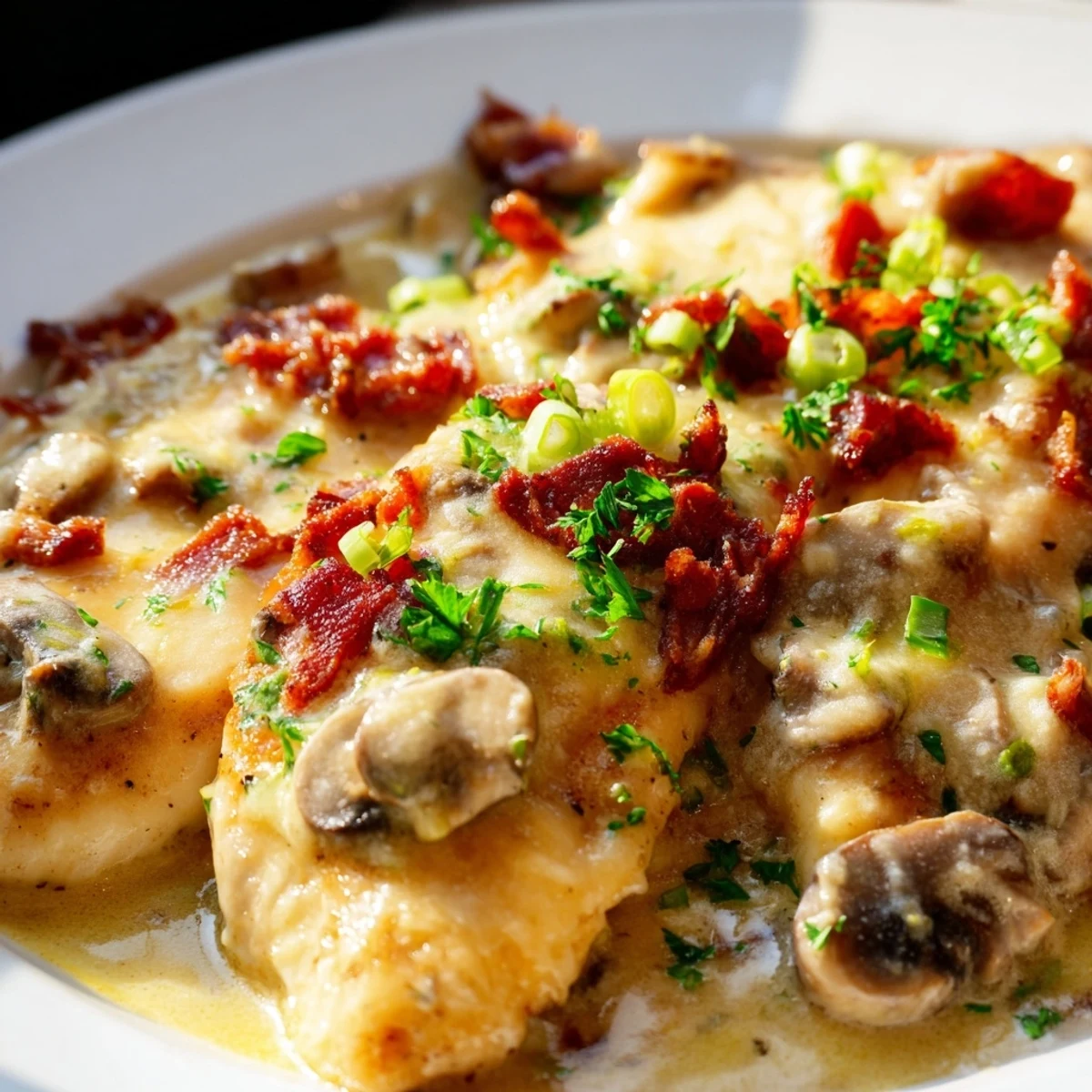 Mississippi Mud Chicken plated with fluffy mashed potatoes, garnished with fresh parsley and green onions, showcasing a rich, cheesy sauce with crispy bacon and sautéed mushrooms.