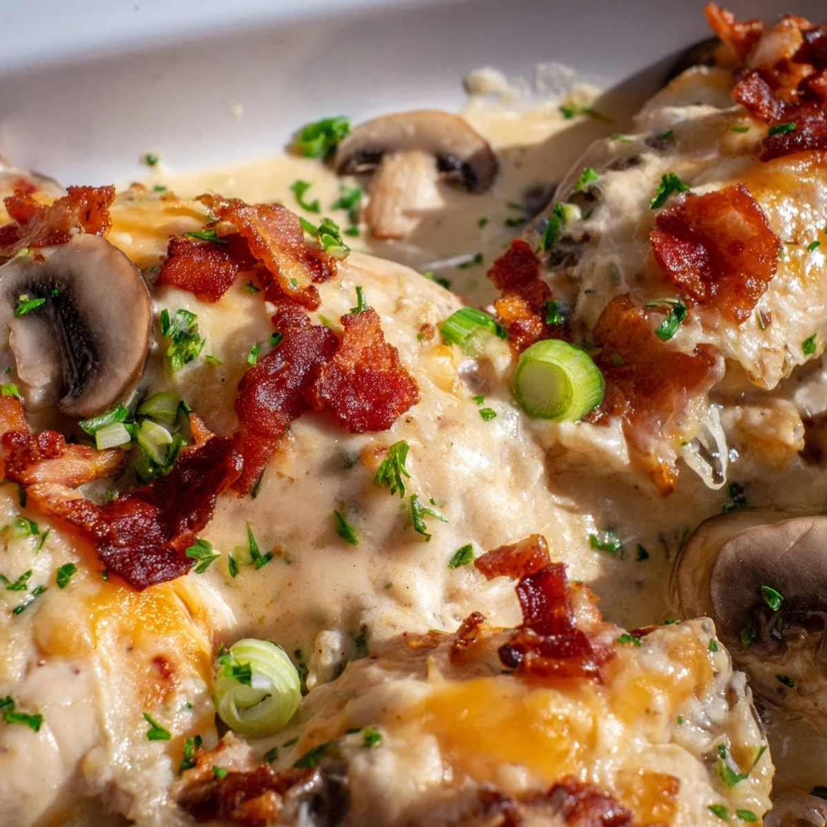 Indulgent Mississippi Mud Chicken fresh from the oven, featuring tender chicken breasts smothered in a creamy, savory sauce with melted cheese and bacon bits, ready to serve.