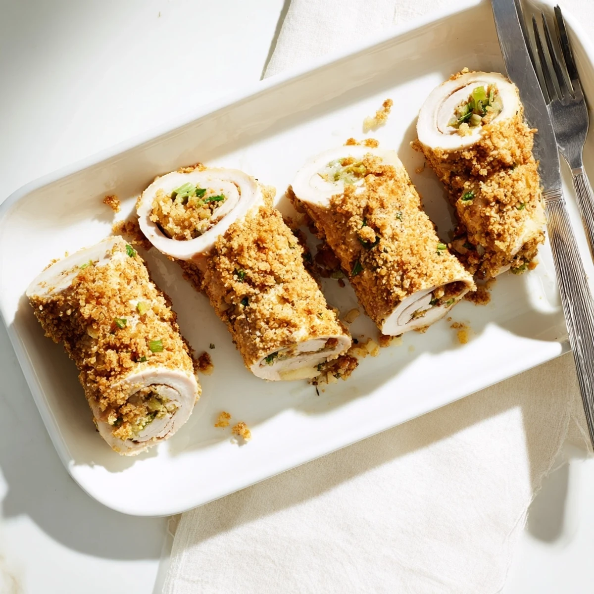 Golden-baked Flavor-Packed Turkey Roll Ups with Stuffing displayed on a white ceramic plate, garnished with fresh parsley.
