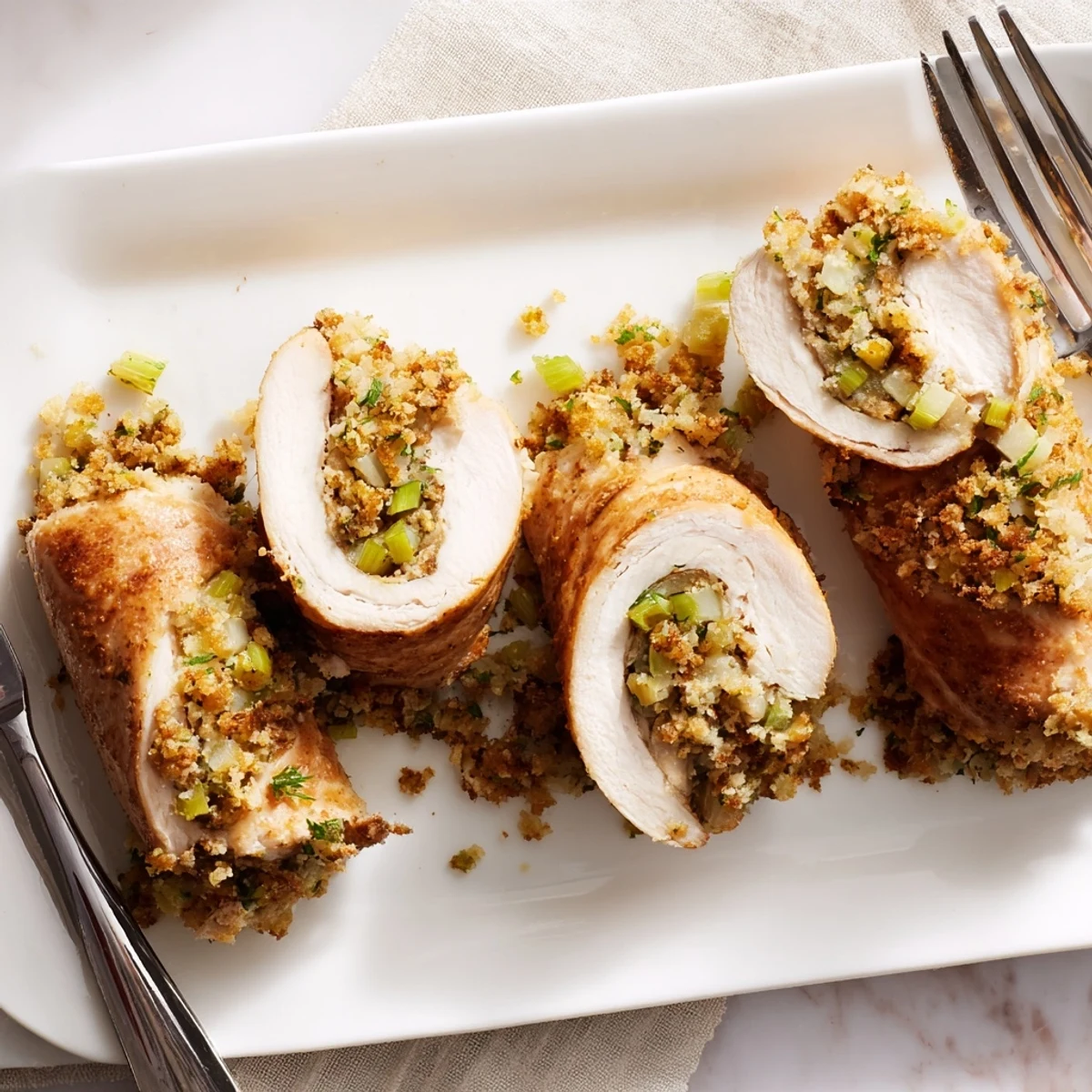 Four savory Flavor-Packed Turkey Roll Ups with Stuffing resting in a glass baking dish with pan juices.