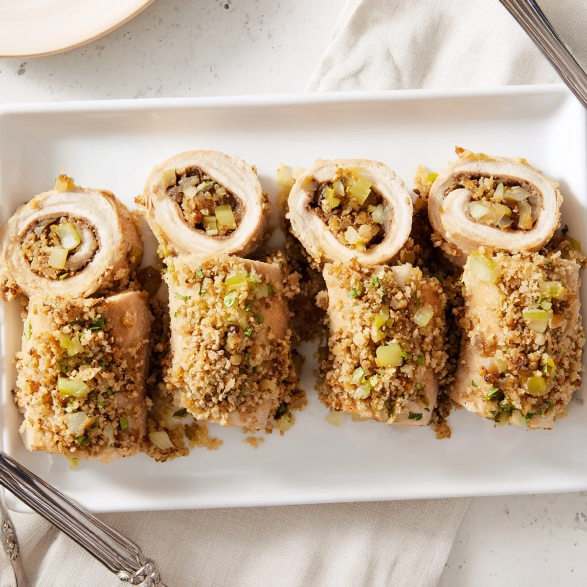 Close-up view of one sliced Flavor-Packed Turkey Roll Up with Stuffing revealing juicy turkey and herbaceous filling.