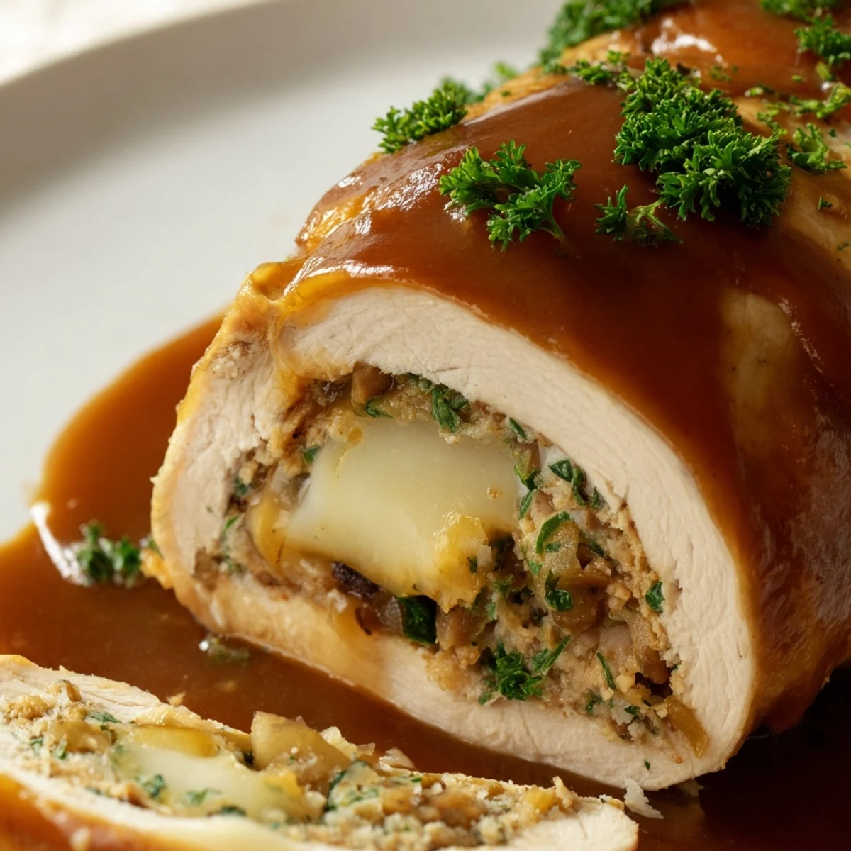 These Flavor-Packed Turkey Roll-Ups with Stuffing are served beside creamy mashed potatoes and green beans.