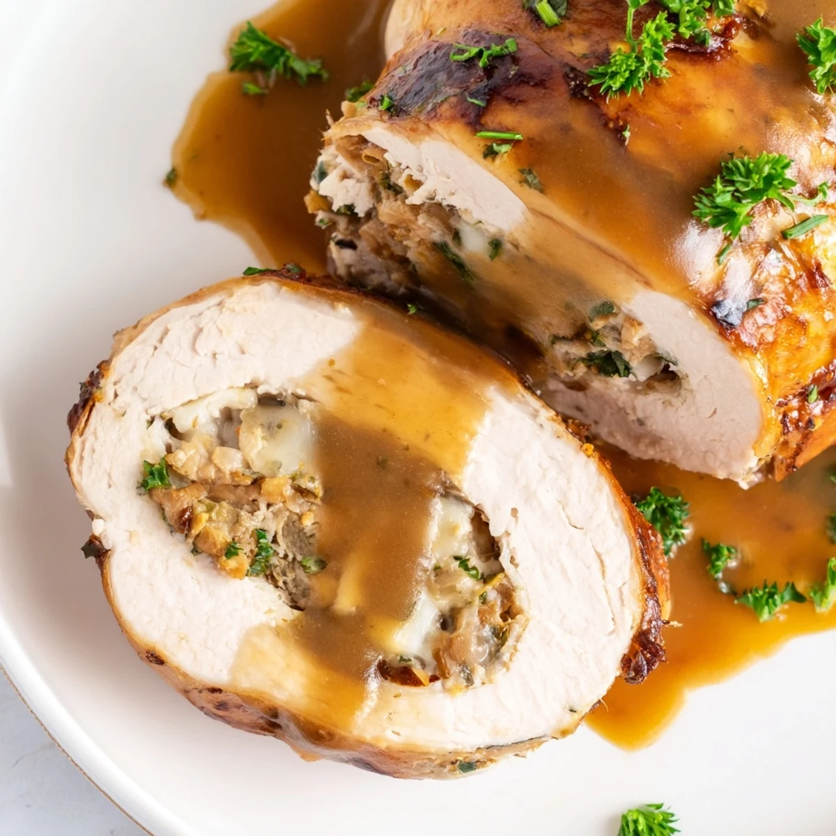 Golden-brown Flavor-Packed Turkey Roll-Ups with Stuffing sit in a white baking dish, garnished with fresh parsley.