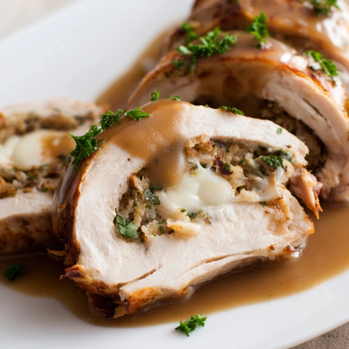 Close-up of Flavor-Packed Turkey Roll-Ups with Stuffing showing melted cheese and gravy drizzled on top.
