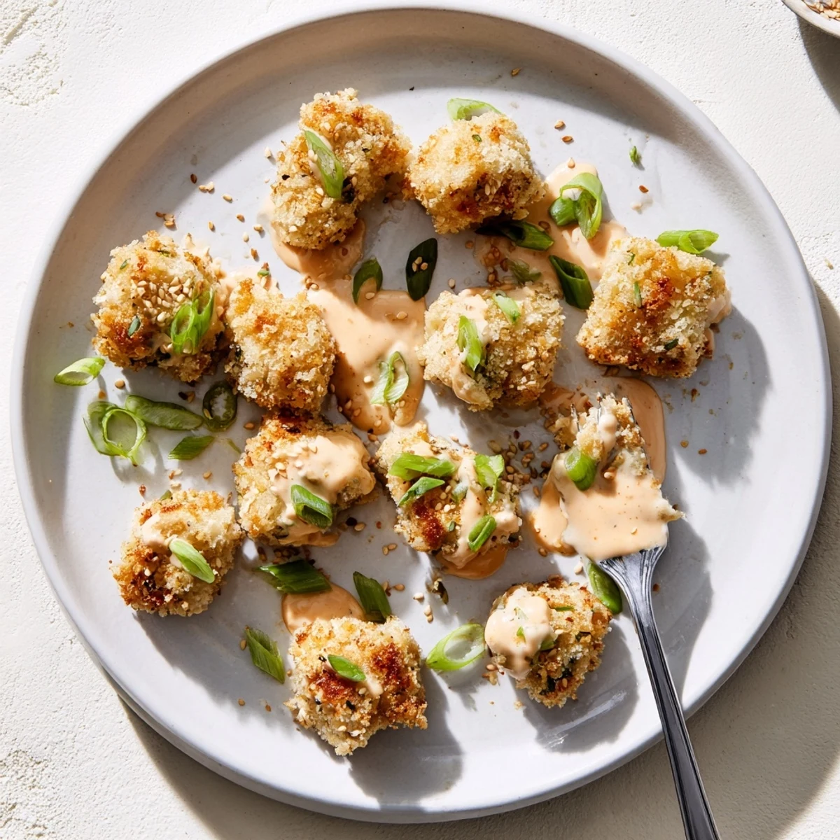 Golden air fryer chicken pieces drizzled with sweet and spicy bang bang sauce, perfect over cauliflower rice for a healthy meal.