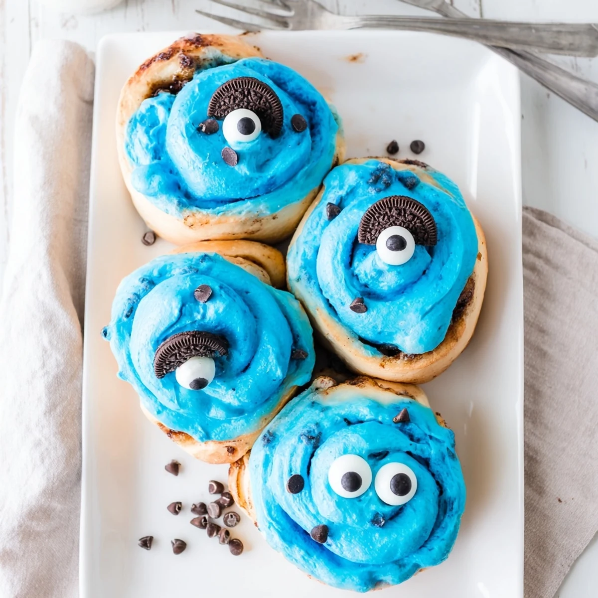 Fluffy blue Cookie Monster Cinnamon Rolls with cream cheese frosting and candy eyes for a whimsical breakfast treat.
