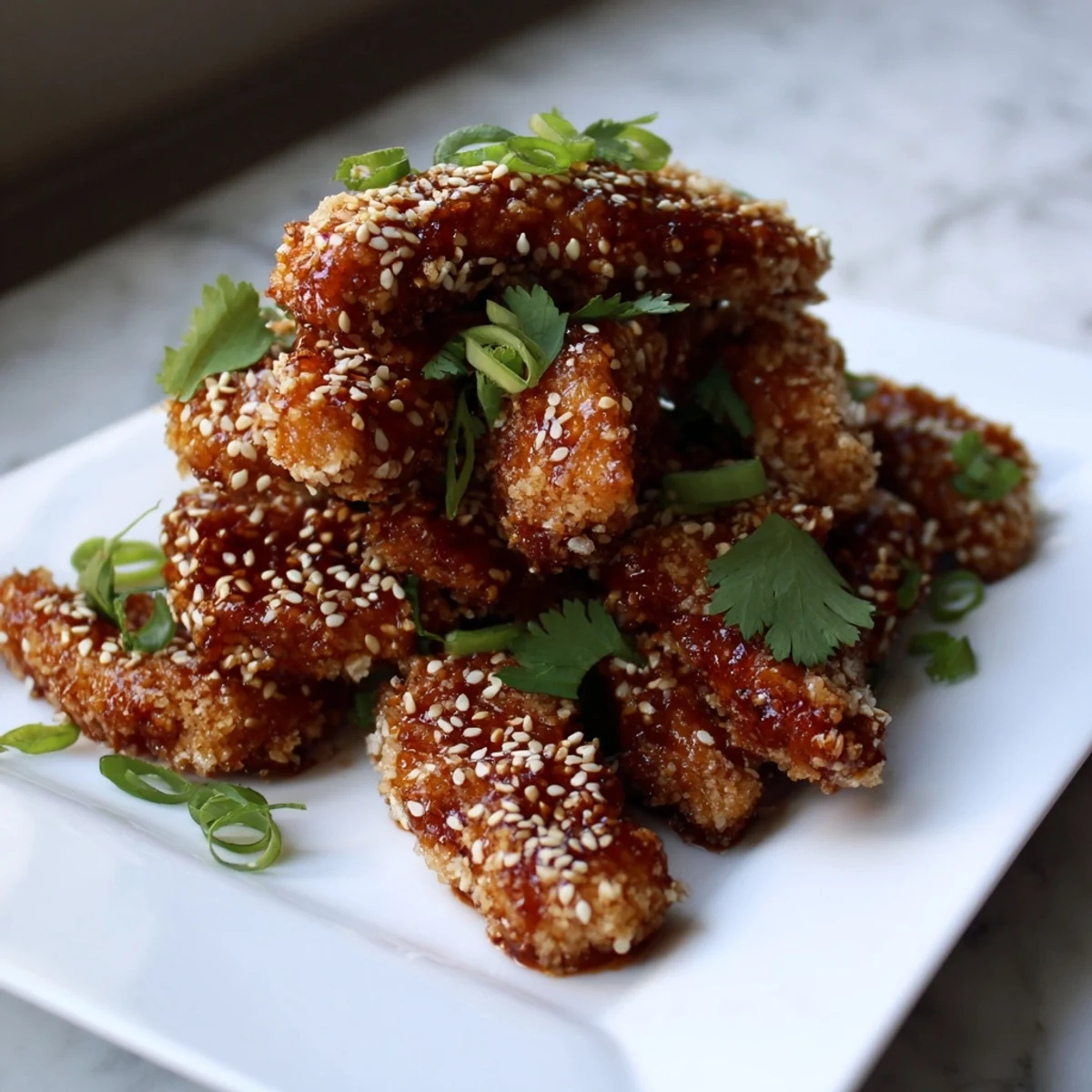Plate of baked chicken tenders coated in sticky Thai chili sauce topped with fresh cilantro and toasted sesame seeds