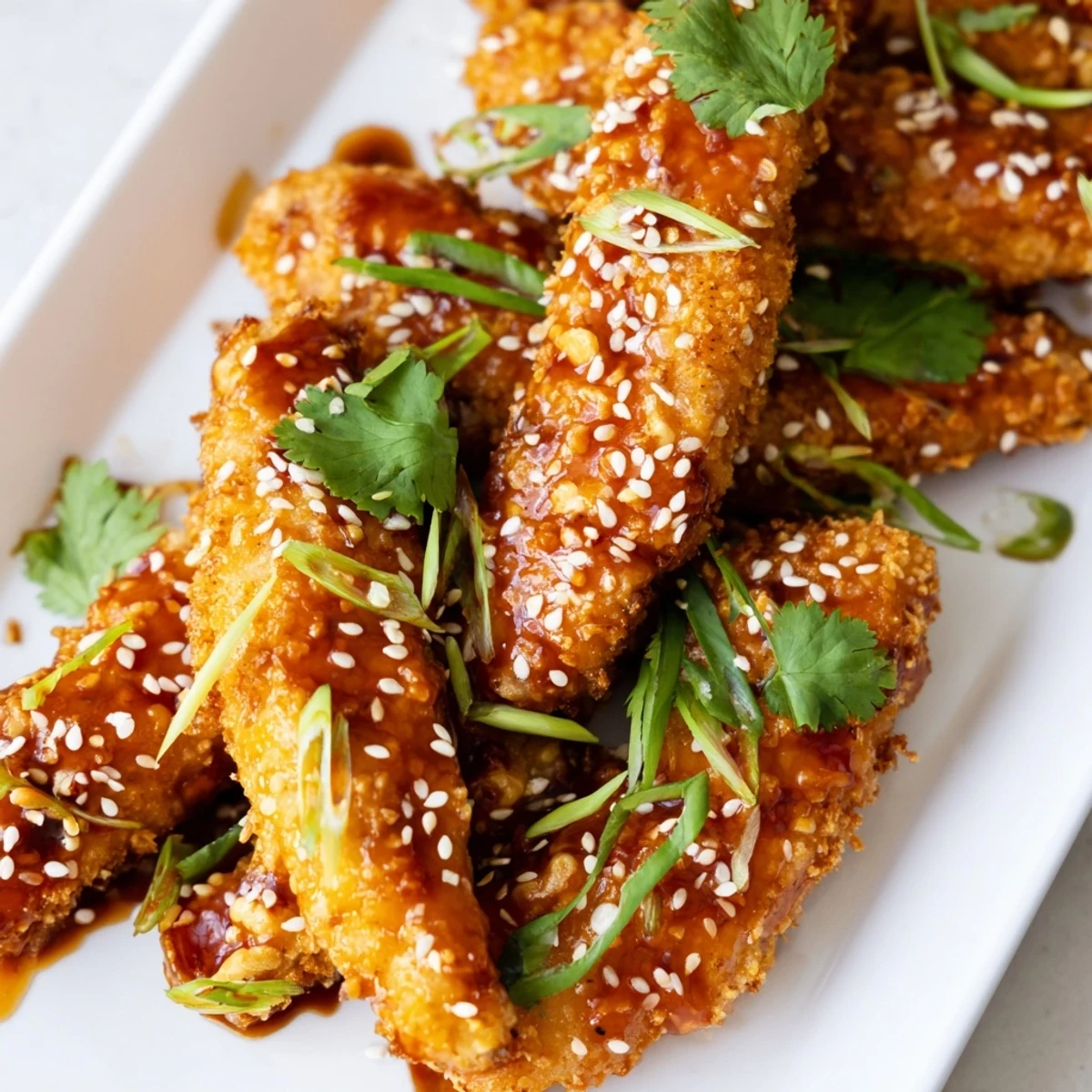 Golden crispy Thai sticky chicken fingers glazed with sweet spicy red sauce and garnished with sesame seeds and green onions