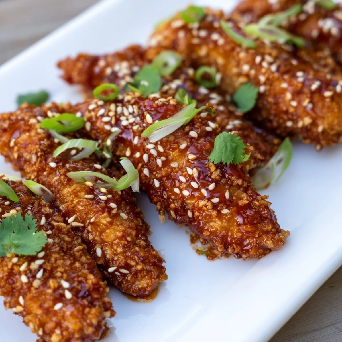 Crispy panko crusted chicken strips tossed in tangy sweet Thai glaze served on a white platter with spring onions