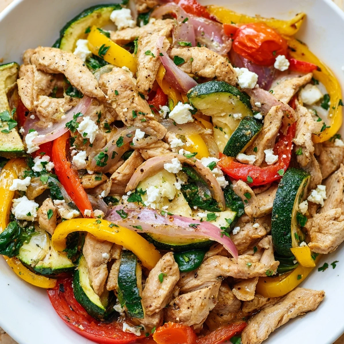 Colorful Mediterranean chicken stir fry with bell peppers, zucchini, and cherry tomatoes in a light lemon herb sauce