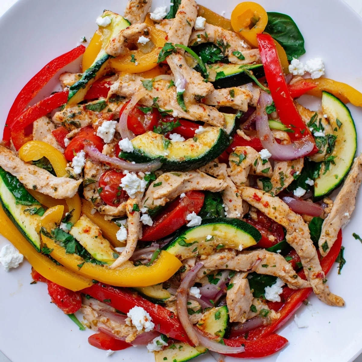 Sizzling skillet of Mediterranean chicken stir fry featuring crisp vegetables and crumbled feta cheese topping