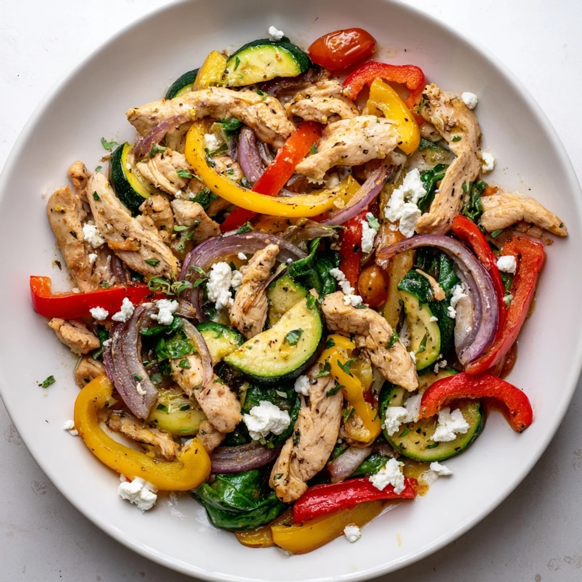 Healthy Mediterranean chicken stir fry tossed with spinach, red onions, and aromatic olive oil marinade