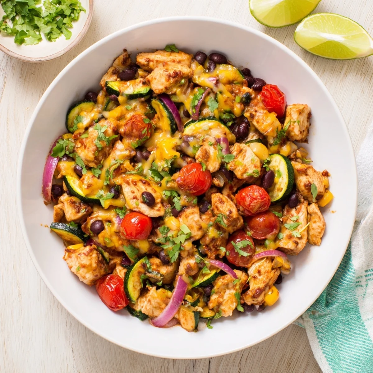 One-pan Tex Mex chicken and zucchini dish featuring colorful peppers, black beans, and juicy chicken bites