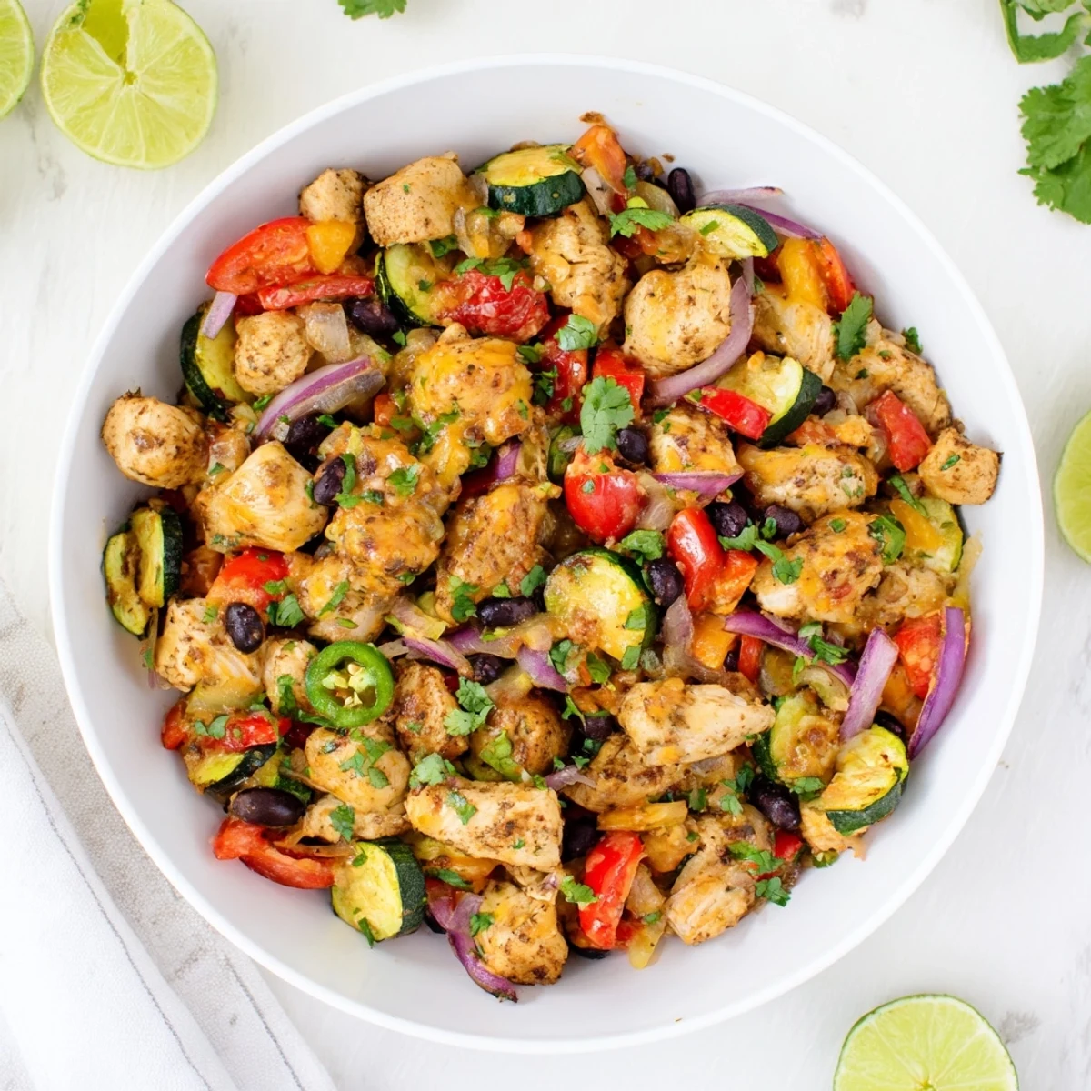 Golden Tex Mex chicken and zucchini skillet topped with melted cheese and fresh cilantro garnish