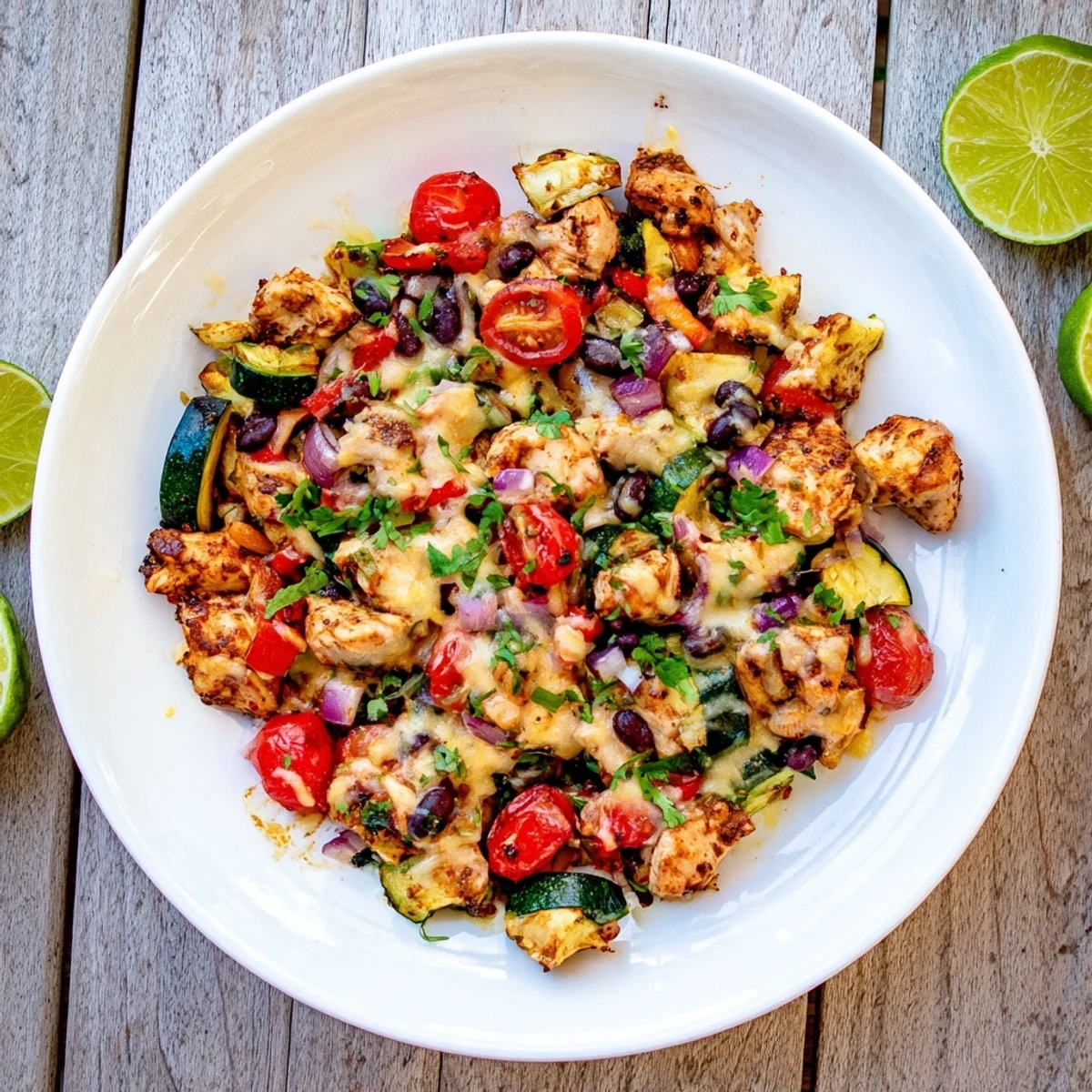 Sizzling Tex Mex chicken and zucchini with melty cheese, served in a cast iron skillet