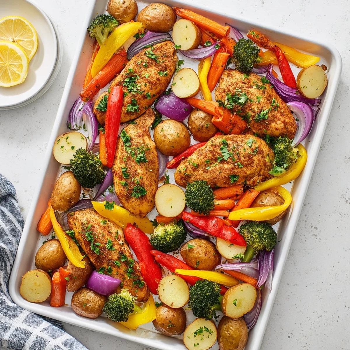 Golden roasted sheet pan lemon herb chicken surrounded by colorful tender vegetables on a baking sheet