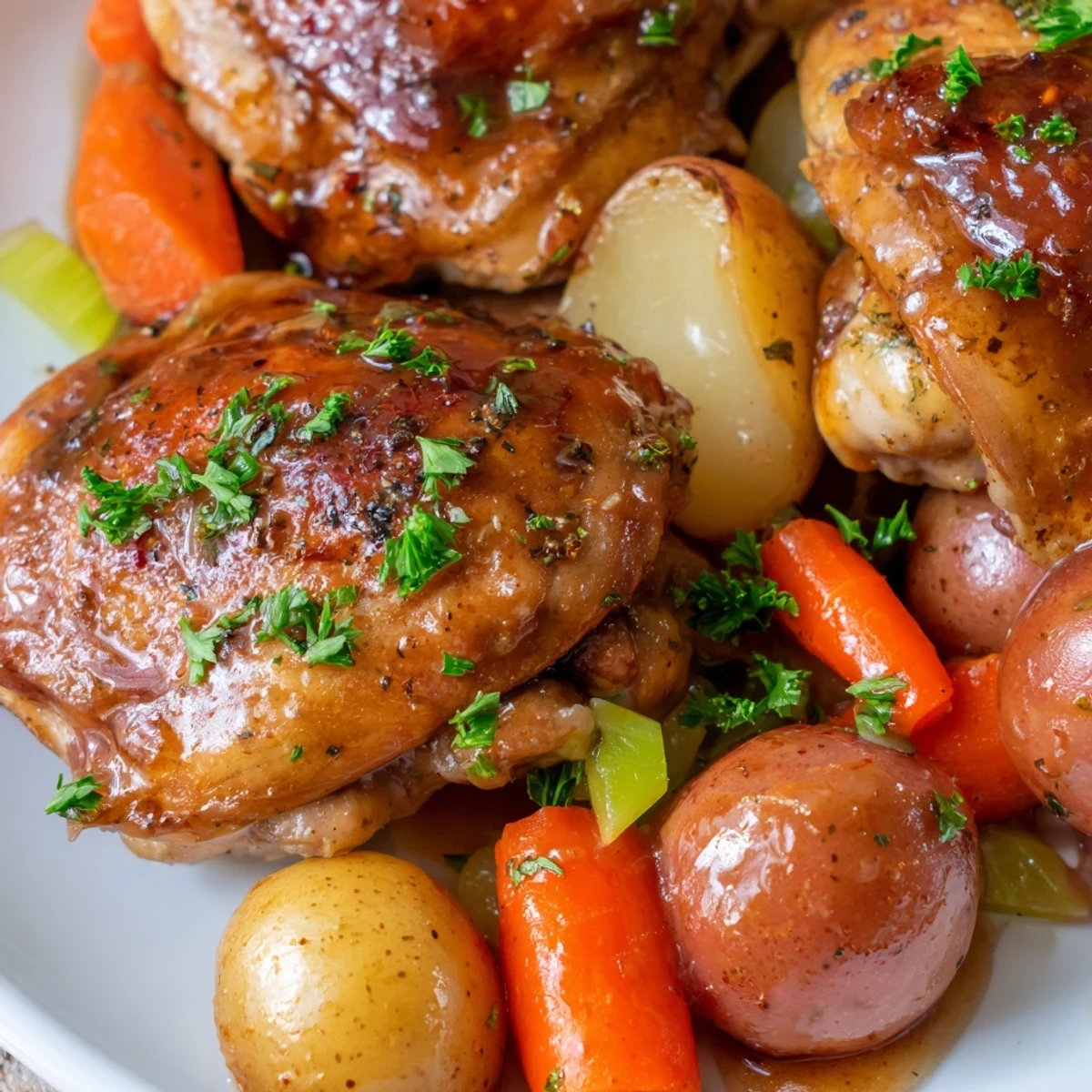 Golden brown healthy savory slow cooker chicken served with baby potatoes and fresh parsley