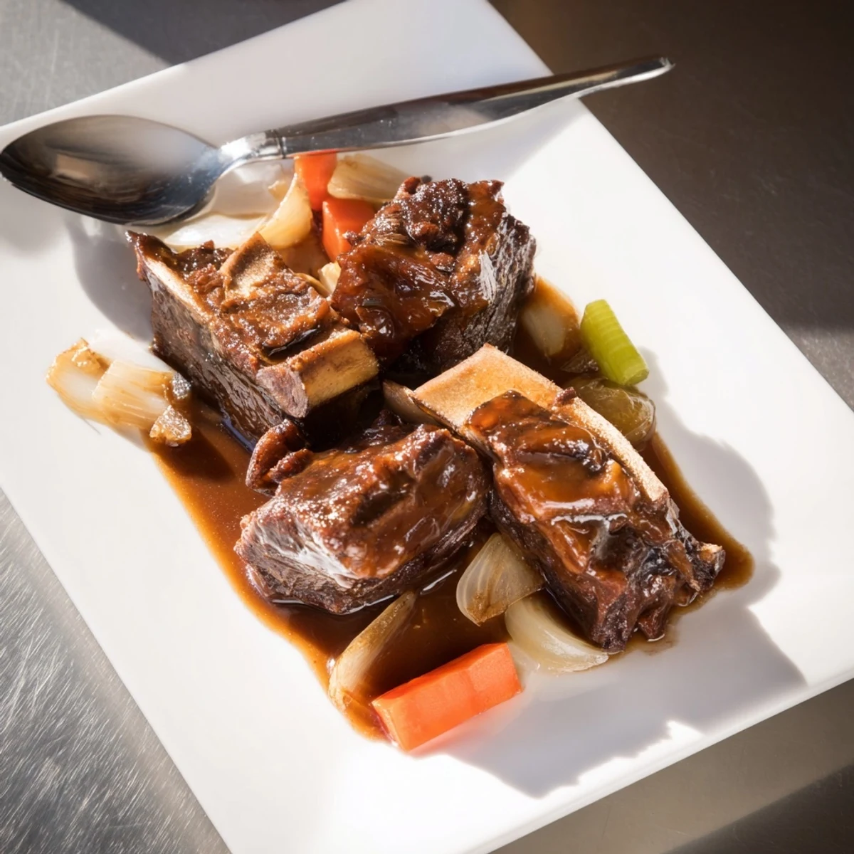 Fall-off-the-bone maple bourbon glazed short ribs served with roasted vegetable bed