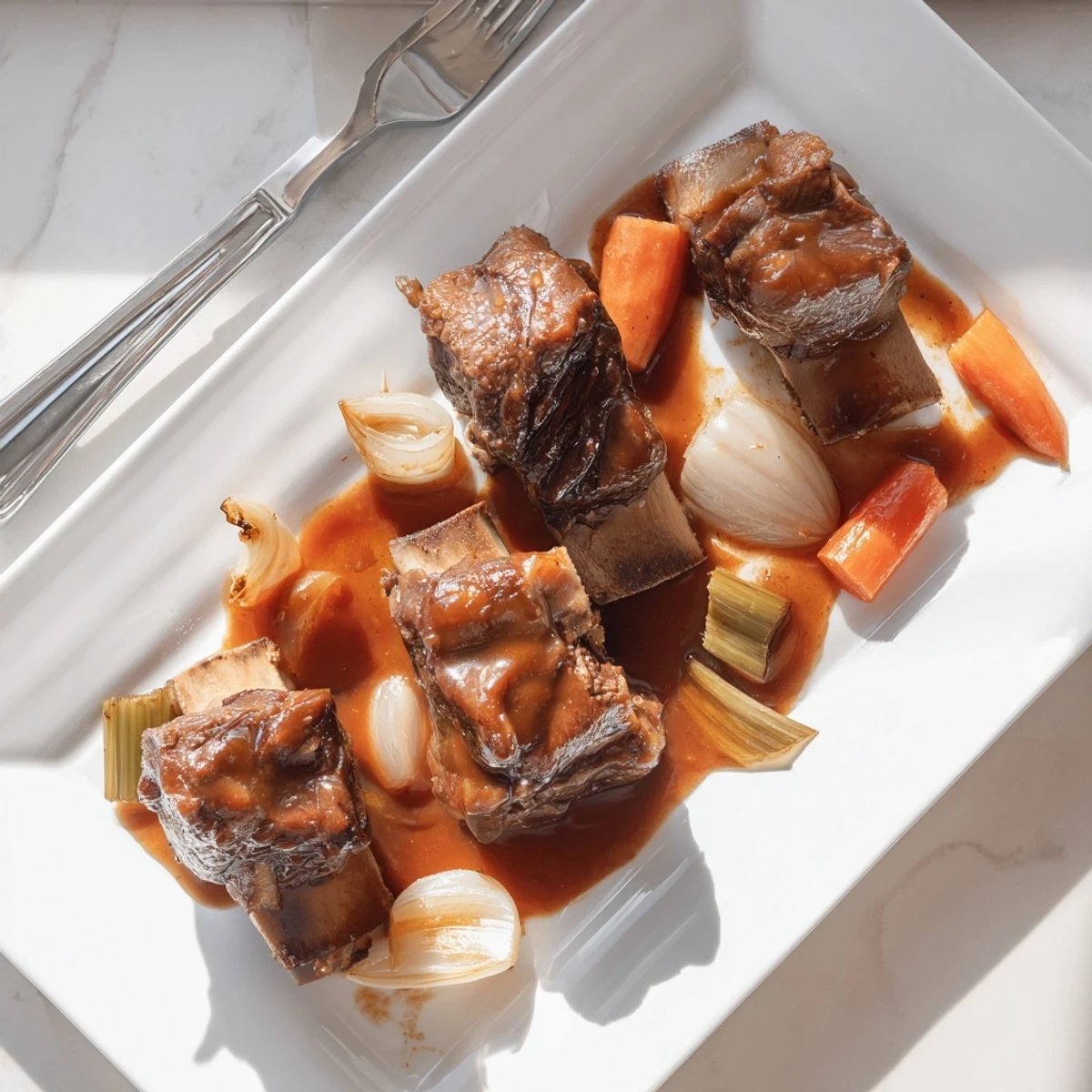 Golden brown maple bourbon glazed short ribs glistening with sweet smoky glaze