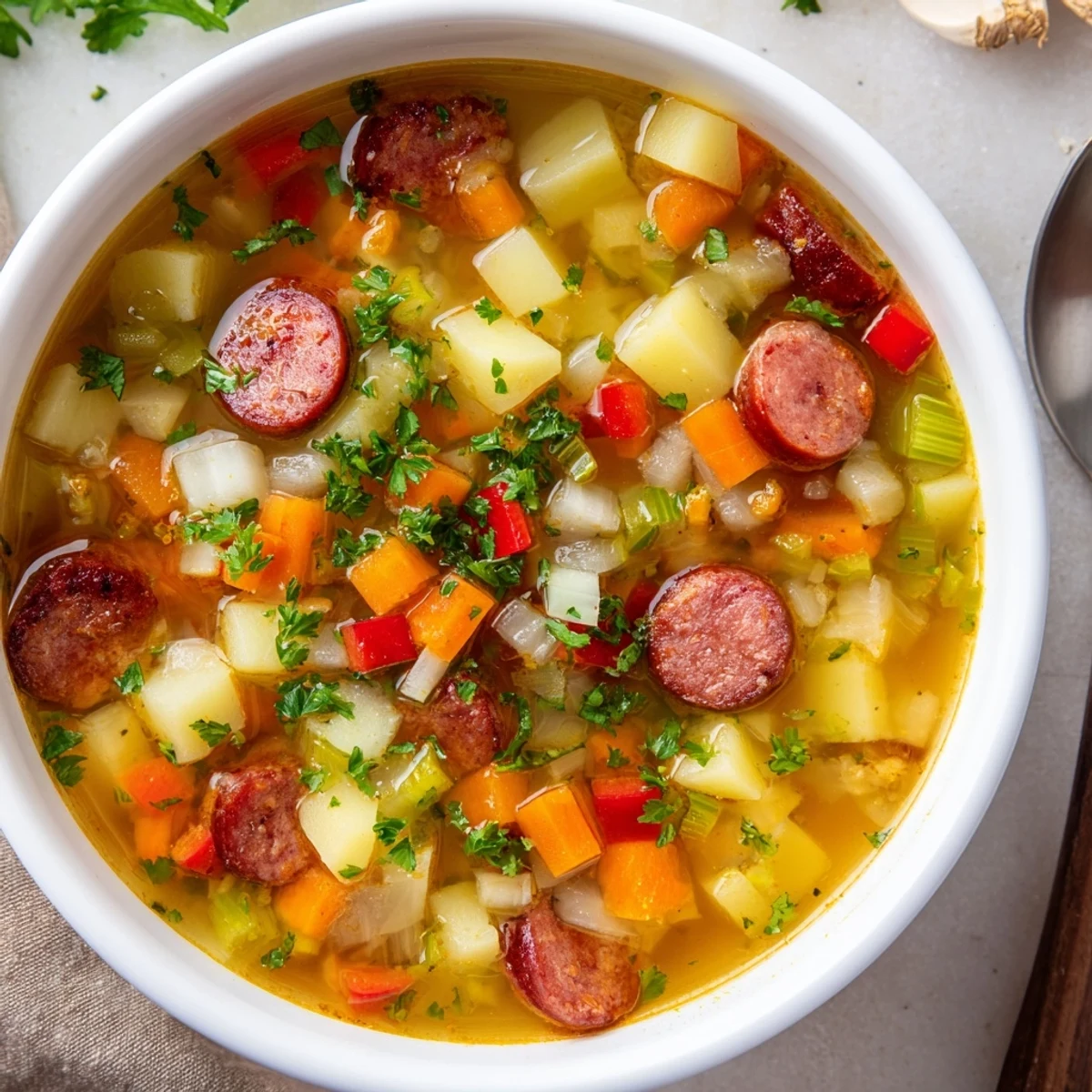 Creamy Spanish potato soup with chorizo slices garnished with fresh parsley in a rustic bowl