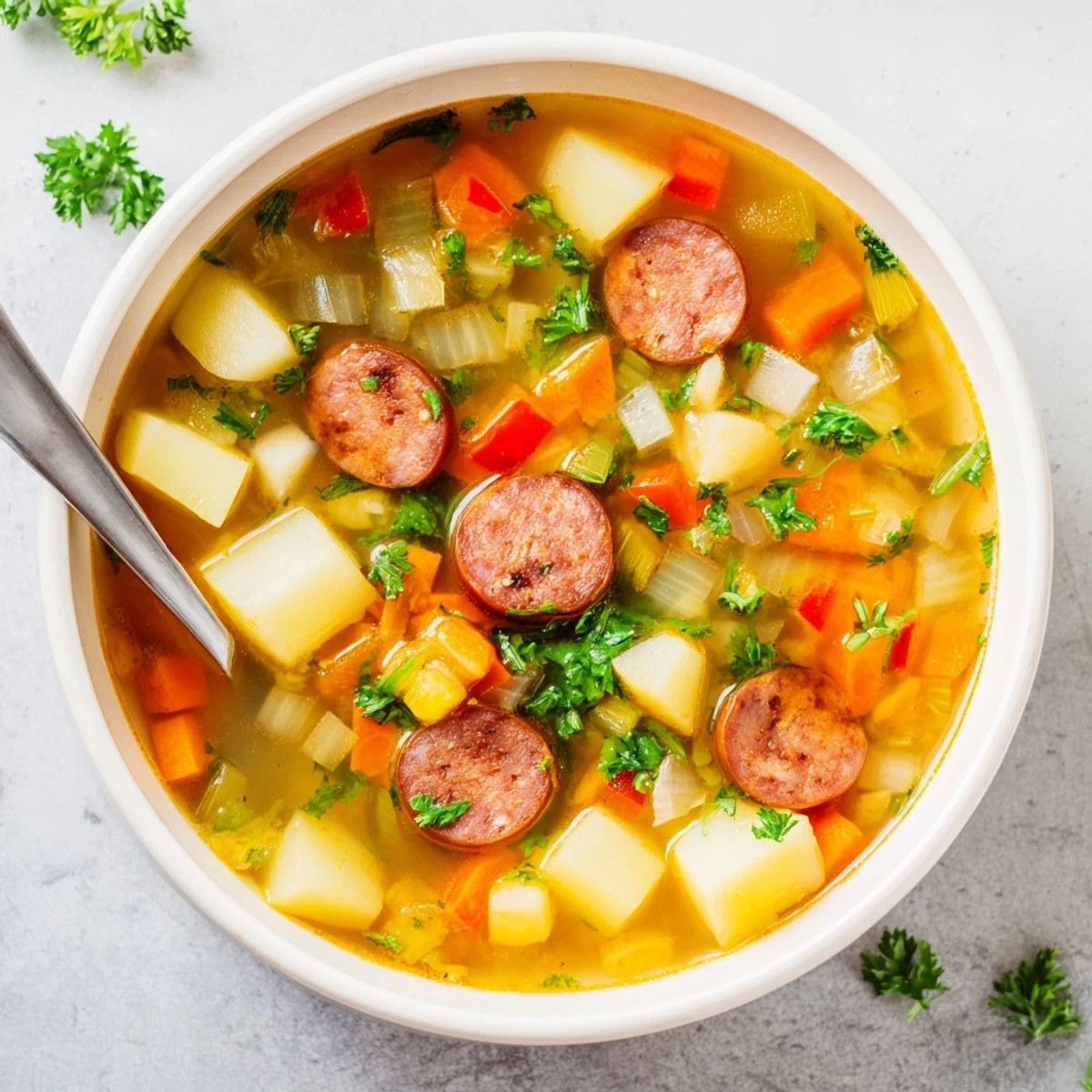 Hearty bowl of Spanish potato soup featuring tender potatoes and smoky chorizo ready to serve