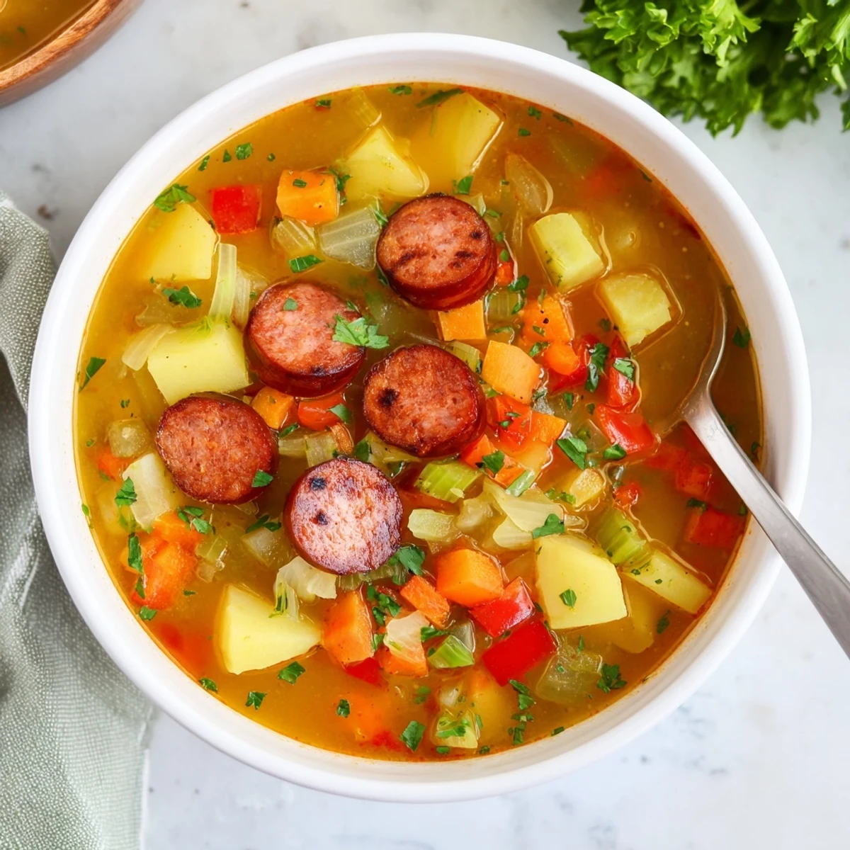Steaming Spanish potato soup with chorizo and diced vegetables topped with crispy sausage pieces