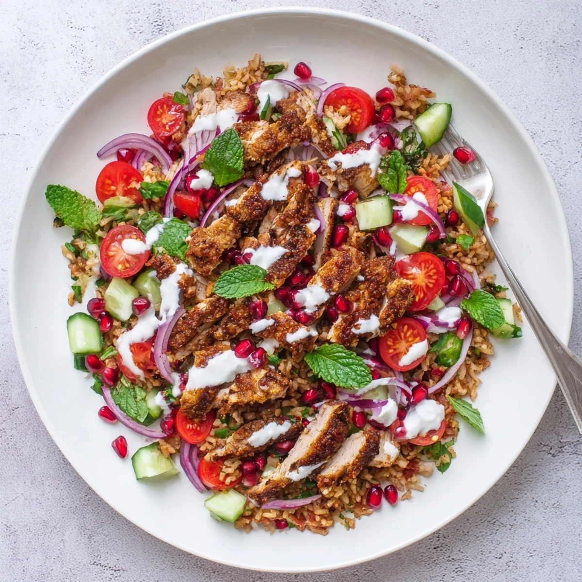 Golden brown shawarma-spiced chicken rests atop crispy rice salad with fresh vegetables and creamy tahini drizzle