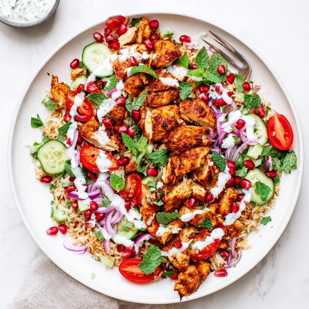 Vibrant Middle Eastern chicken shawarma salad featuring aromatic spiced meat over crunchy golden rice with herb garnish