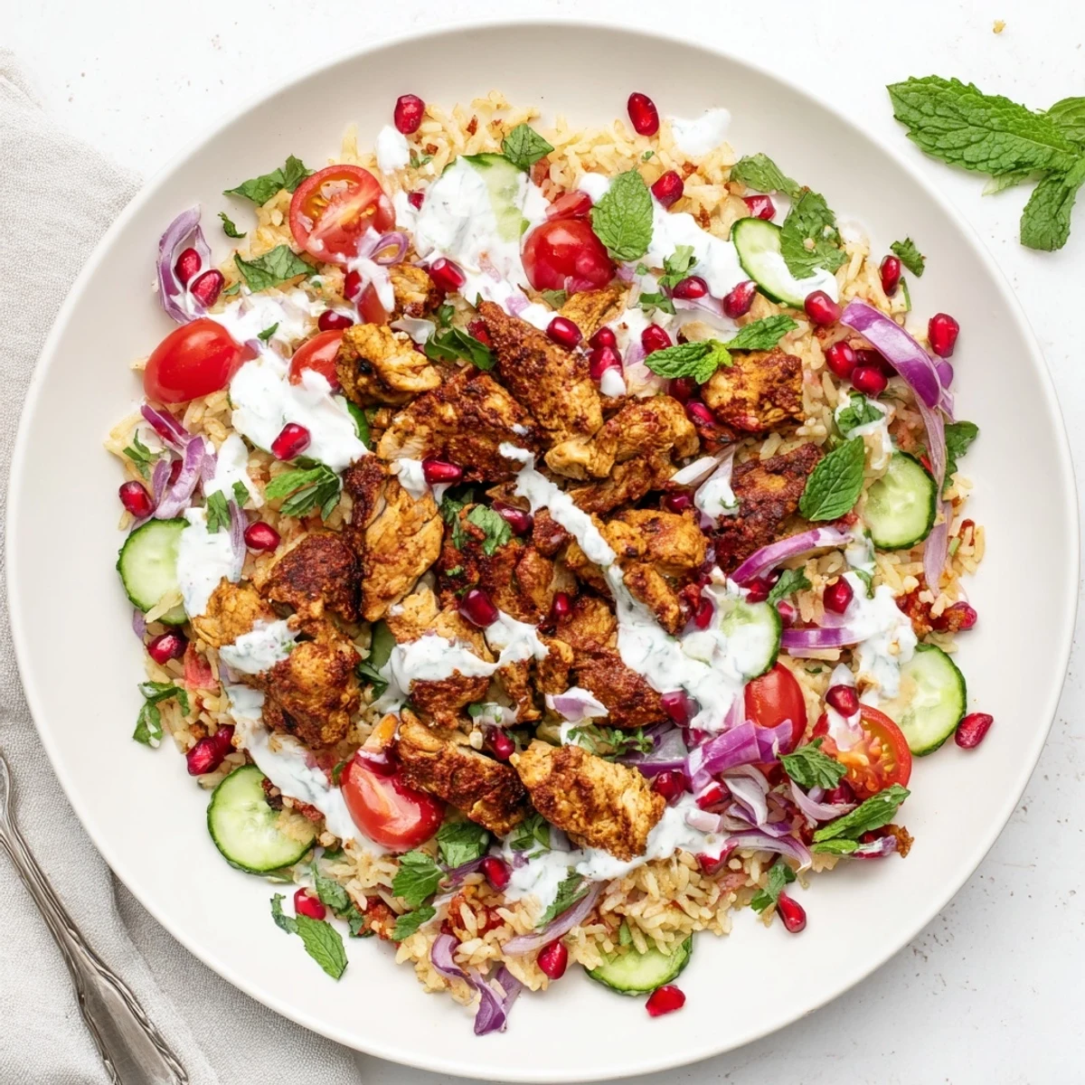 Savory crispy rice bowl topped with tender spiced chicken, colorful vegetables, and tangy yogurt tahini dressing