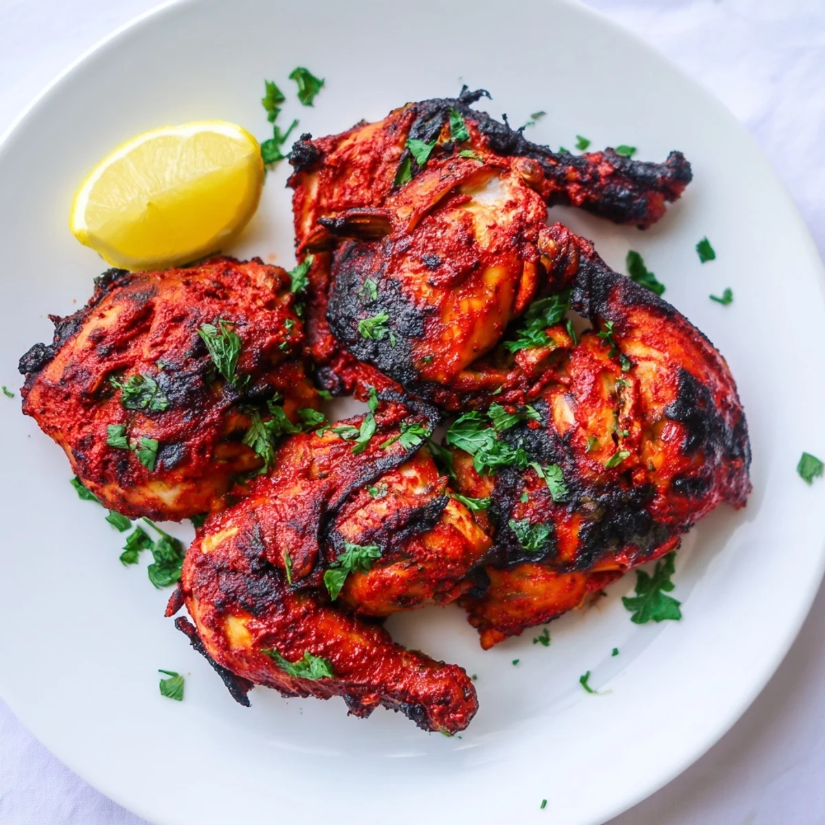 Golden charred peri peri chicken with crispy skin and vibrant red marinade, garnished with fresh parsley and lemon wedges on a rustic platter