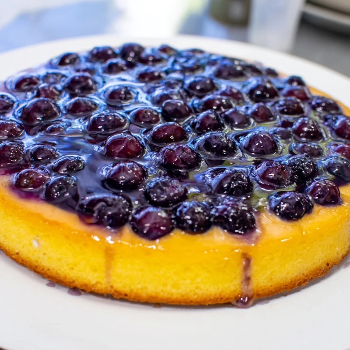 Golden blueberry upside down cake with caramelized fruit topping on a serving plate