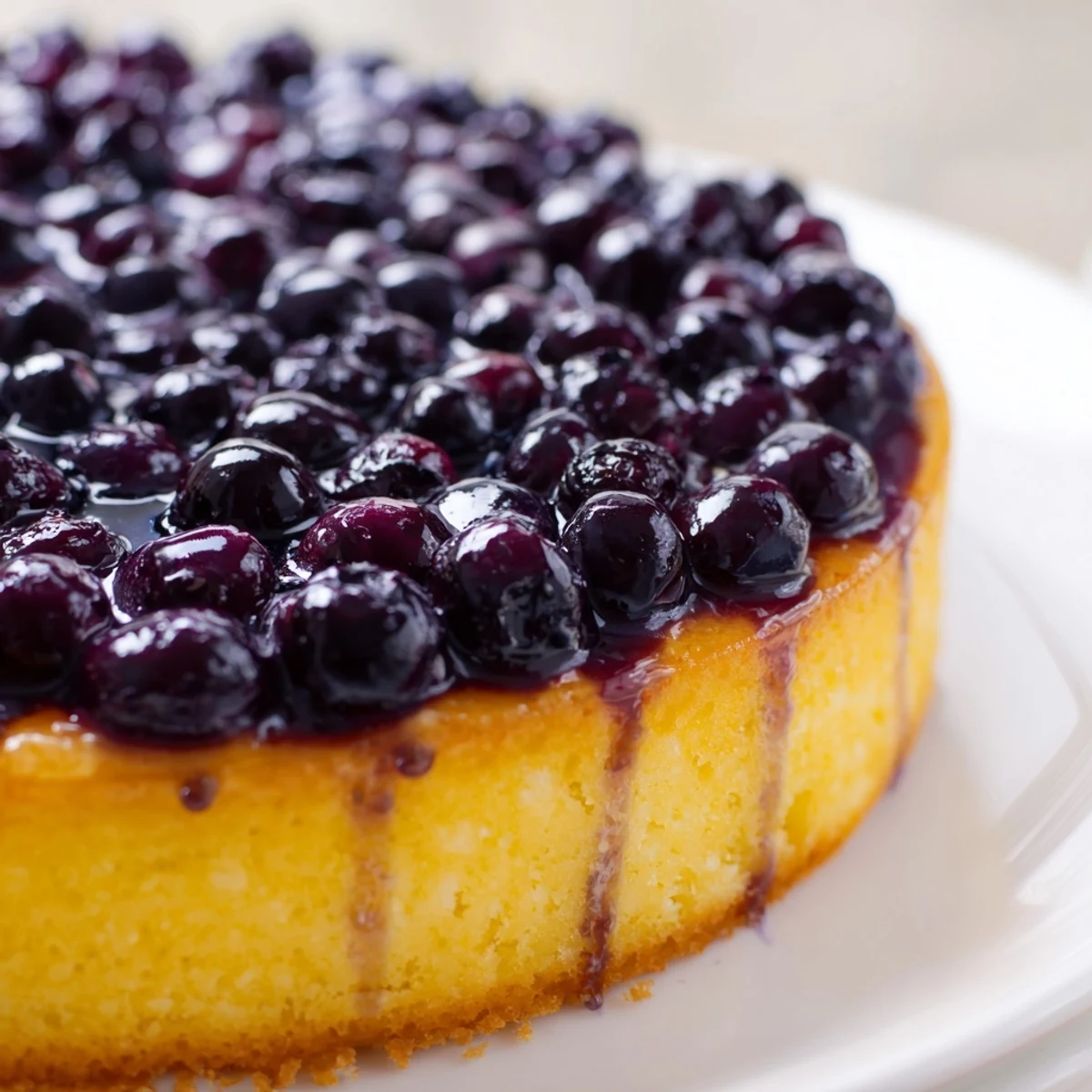 Fresh baked blueberry upside down cake inverted onto white platter with glistening berry layer