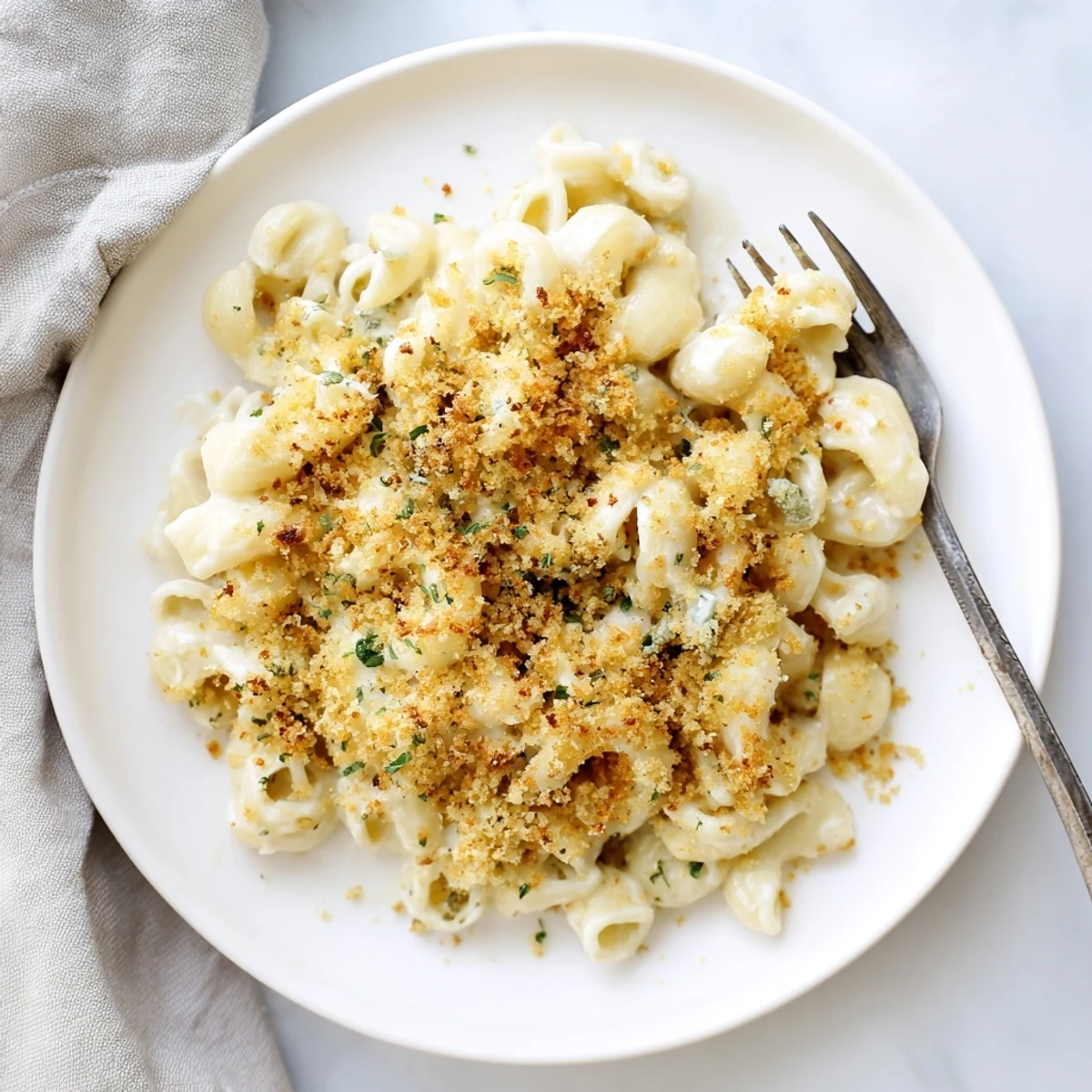 Golden Boursin mac and cheese with crispy breadcrumb topping bubbling in a white baking dish