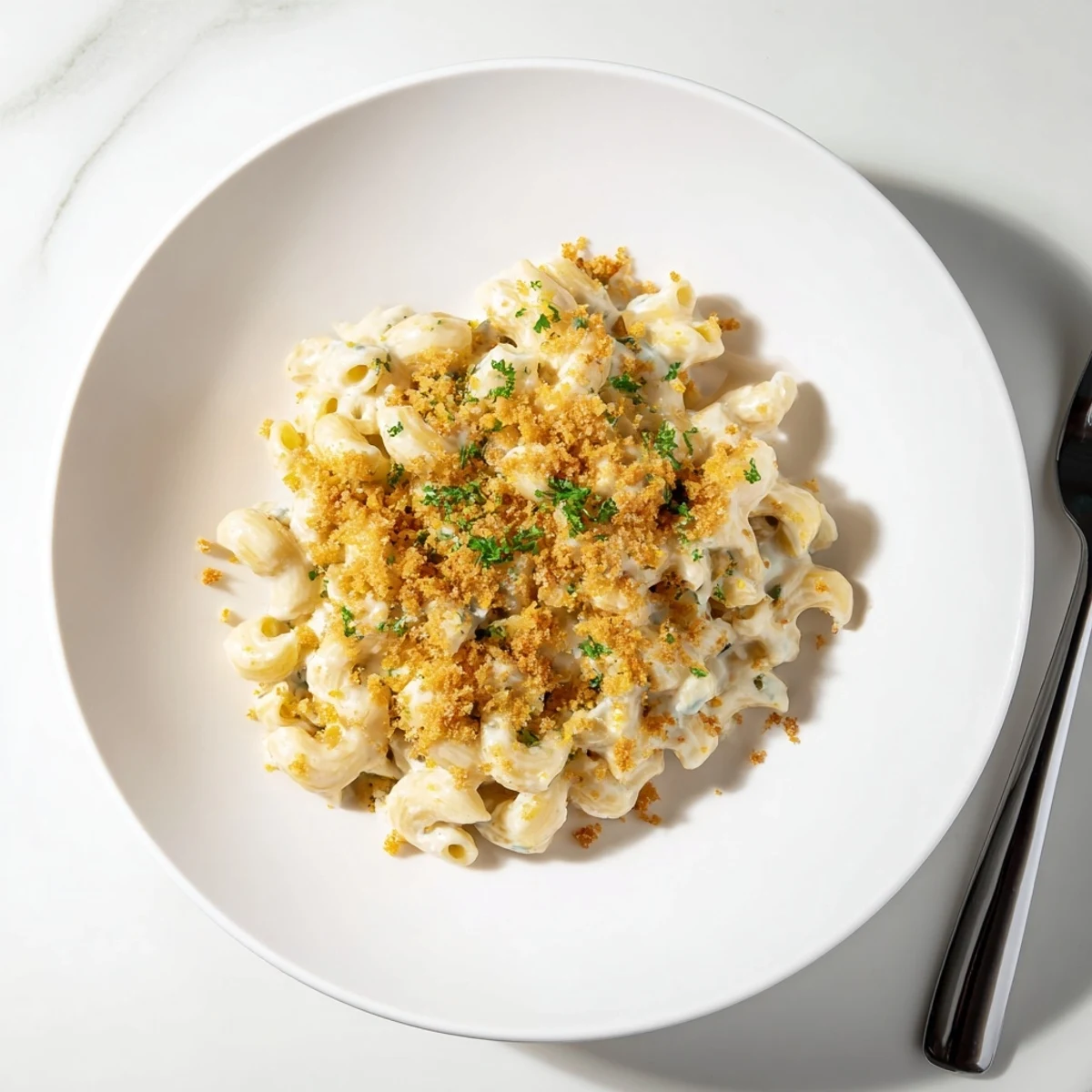 Creamy garlic and herb Boursin mac and cheese served in a rustic bowl with fresh parsley