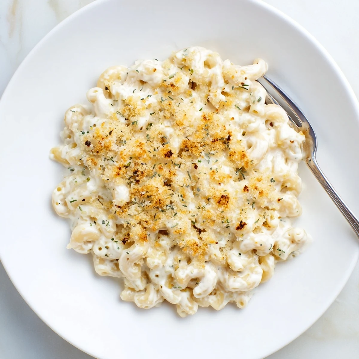 Baked Boursin mac and cheese featuring melted cheddar and panko crust on a wooden table