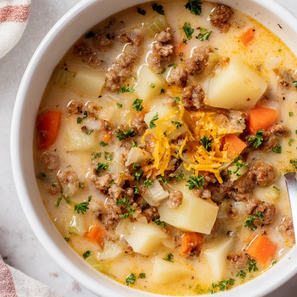 Creamy pork sausage potato soup in a white bowl garnished with fresh parsley and grated cheddar cheese
