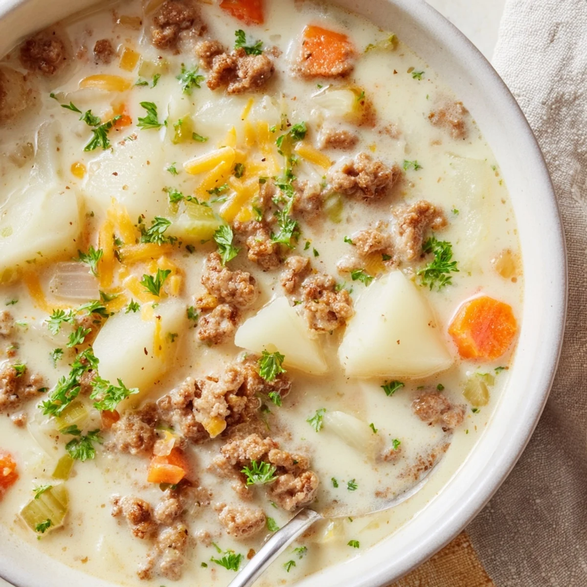 Steaming bowl of simple pork sausage potato soup with colorful carrots, celery, and onions ready for a cozy dinner