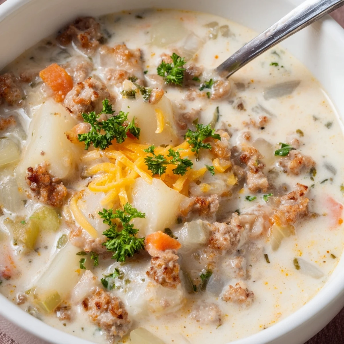 Hearty simple pork sausage potato soup featuring tender chunks of potato and savory browned sausage in a rich broth